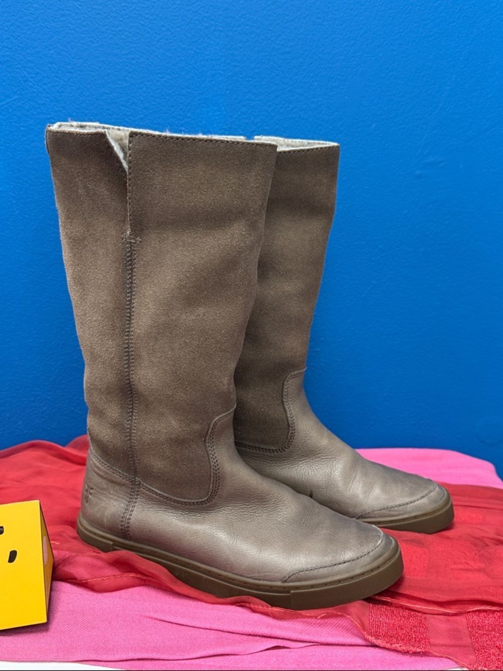 Frye Taupe Suede and Leather Mid-Calf Boots